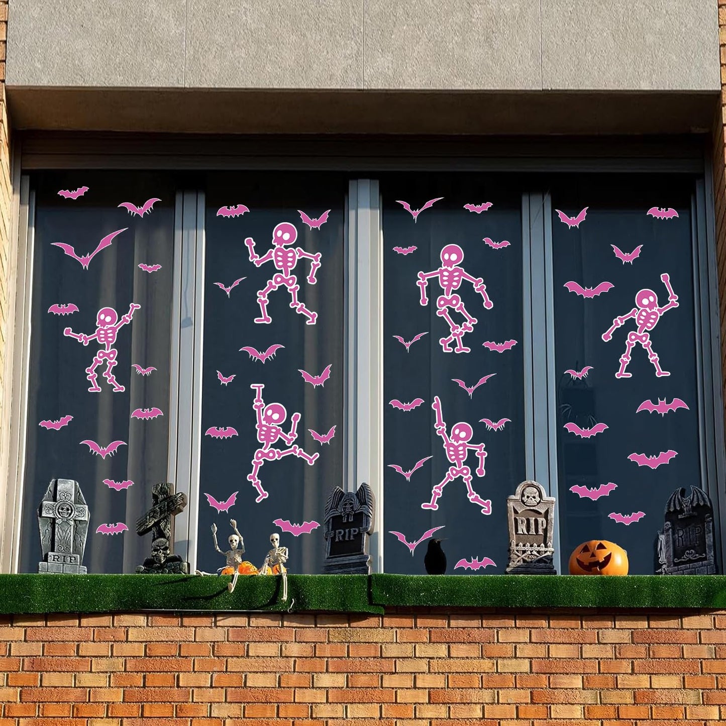 Halloween Wall Decals and Skeleton Window Clings - 6 Sheets 43 Pcs Removable Pink Ghost Bat Wall Stickers for Mirrors, Windows, Home Bedroom Party Decor
