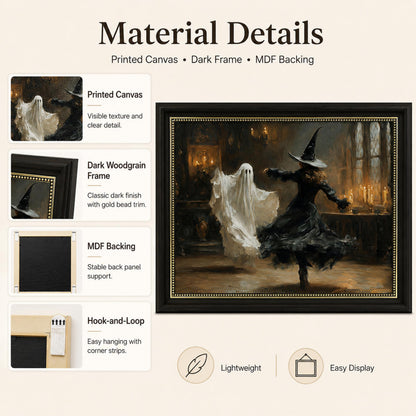 Vbaourut Framed Halloween Wall Art, Dancing Witch and Ghost Canvas Painting, Vintage Gothic Poster with Dark Brown Frame and Upgraded Hook and Loop for Living Room, 12x16 in
