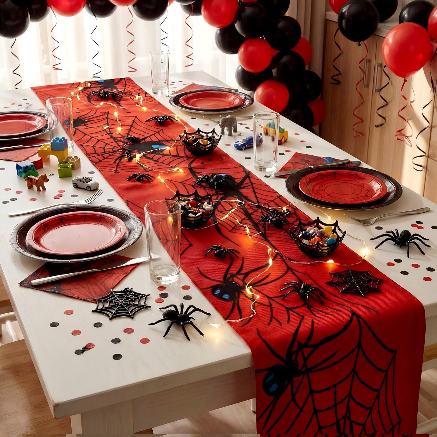 Hahafelt 4 Pack Spider Theme Table Runner 13 x 72 Inches Spider Table Runner for Birthday Parties, Web Design Decorations for Little Ones Birthday Party Supplies