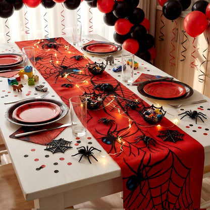 Hahafelt 4 Pack Spider Theme Table Runner 13 x 72 Inches Spider Table Runner for Birthday Parties, Web Design Decorations for Little Ones Birthday Party Supplies