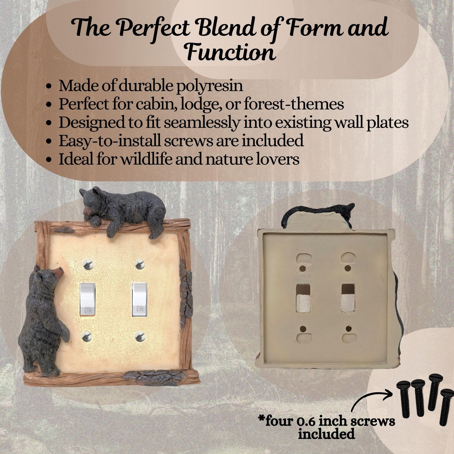 BestGiftEver Black Bear on Logs Double Toggle Switch Cover Wall Plate for Cabin Lodge Style Home Decor | Ideal for Nature and Wildlife Lover