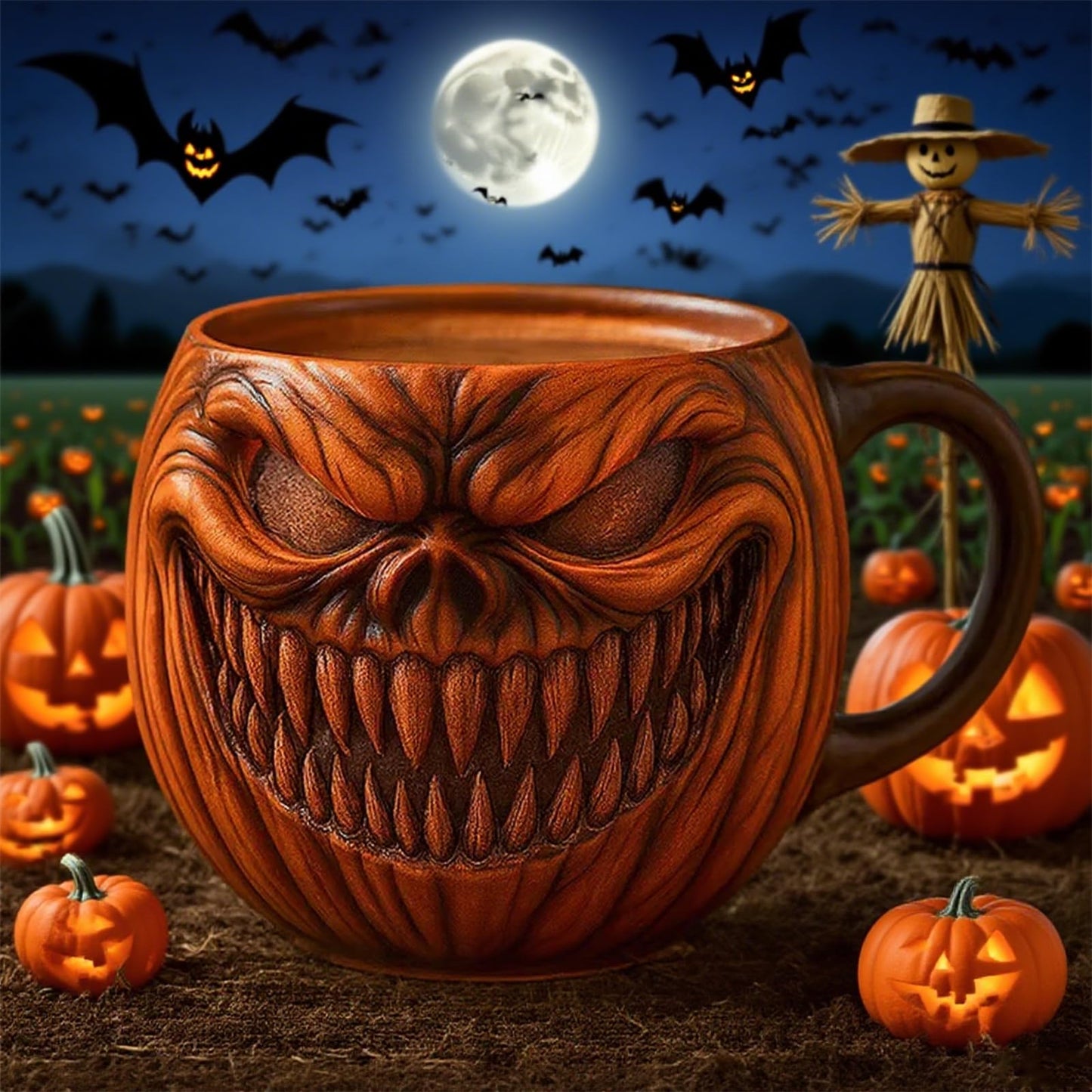 KBBYT 15 oz Halloween Pumpkin Mugs,Halloween Horror Pumpkin Cup Decorations Resin Cute Pumpkin Coffee Mug for Fall Adults Birthday Tabletop Gifts