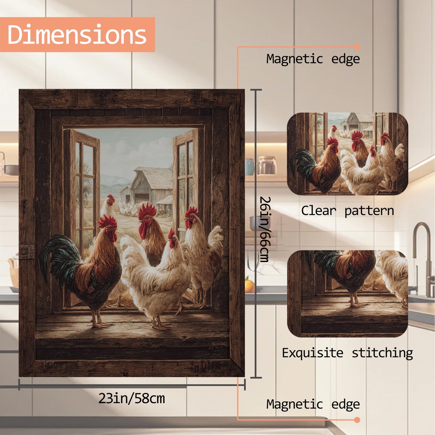 Chicken Rooster Dishwasher Magnet Cover Farmhouse Hen Reuseable Refrigerator Magnet Cover Decal Kitchen Fridge Hoilday Party Decor, 23 W x 26 H