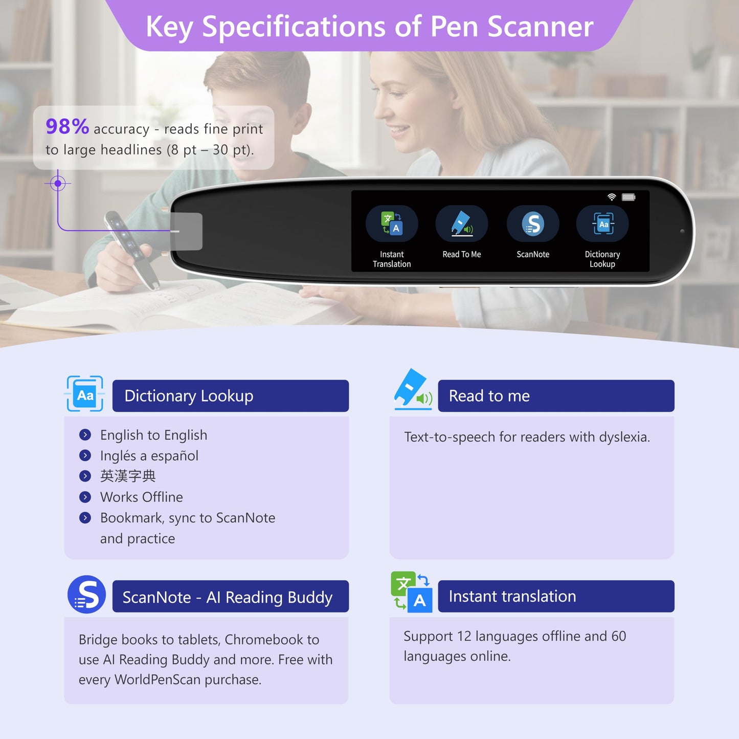 WorldPenScan AI Reader – Reading Pen with Built-in Dictionary & AI Reading Buddy for Kids | Grade-Level Reading Support | English, Spanish, Chinese | Text-to-Speech, Transcribe, Translation