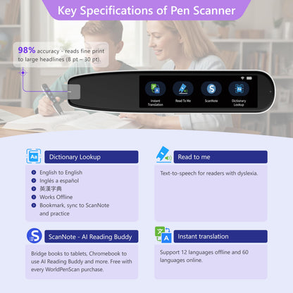 WorldPenScan AI Reader – Reading Pen with Built-in Dictionary & AI Reading Buddy for Kids | Grade-Level Reading Support | English, Spanish, Chinese | Text-to-Speech, Transcribe, Translation