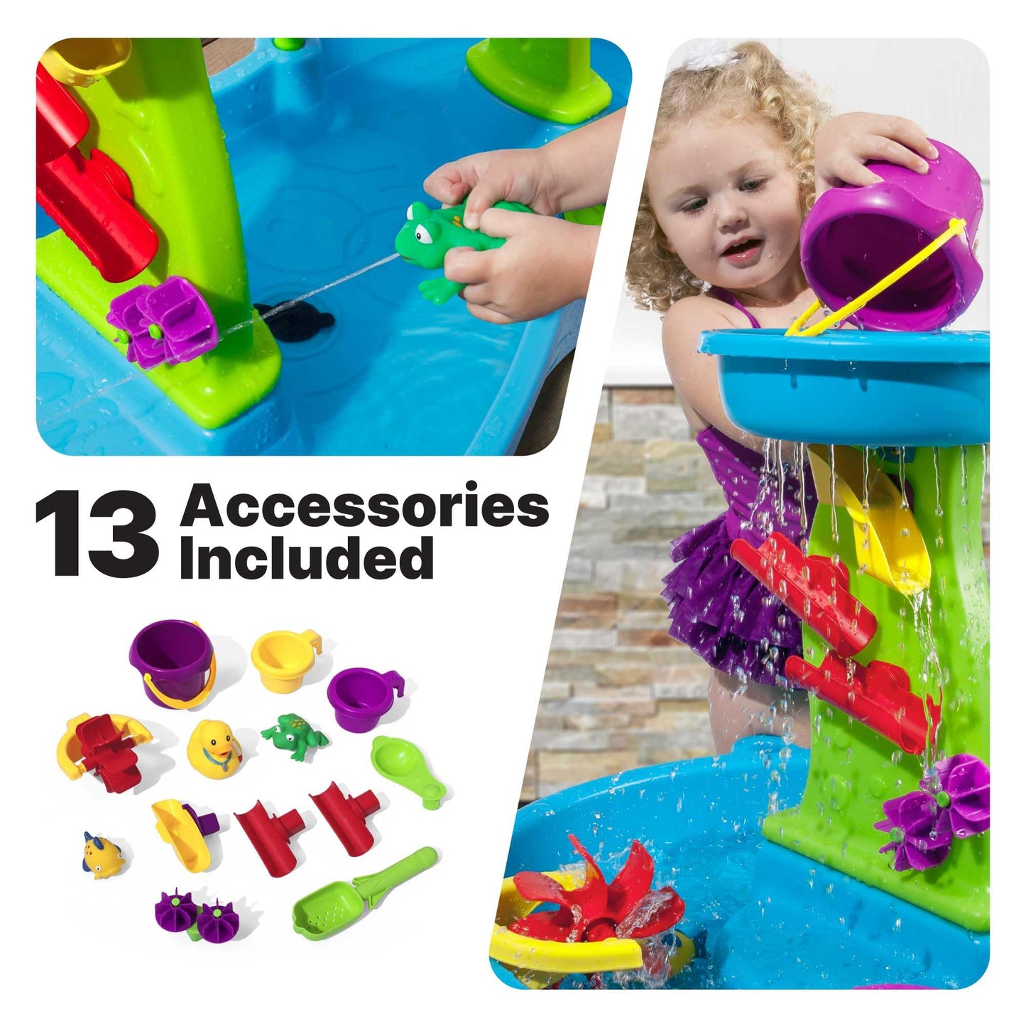 Step2 Rain Showers Splash Pond Water Table, Kids Water and Sand Activity Sensory Playset, Summer Outdoor Toys, 13 Piece Water Toy Accessories, For Toddlers 1.5+ Years Old, Blue & Green