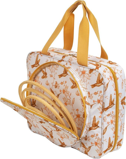 Portable Square Cross Stitch Starter Kits Bag Embroidery Project Bag Embroidery Tool Storage Tote Bag with Multifunctional Pockets, Bag Only (Bird Pattern)