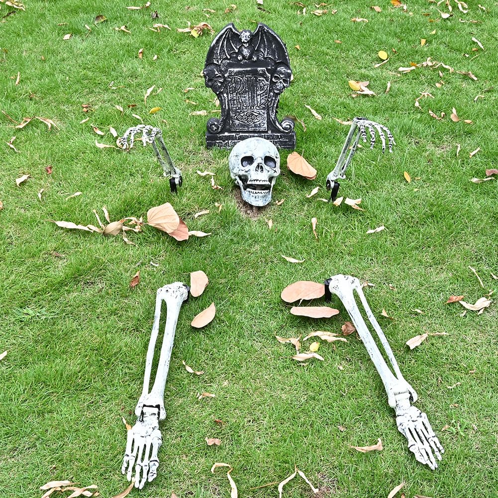 UMEELR 5 Set Skeleton Bones and Skull Halloween Decoration, Realistic Graveyard Groundbreaker Include Skeleton Stakes Skull and Arms Legs, Outdoor Yard Lawn Graveyard Ground Decor Party Supplies