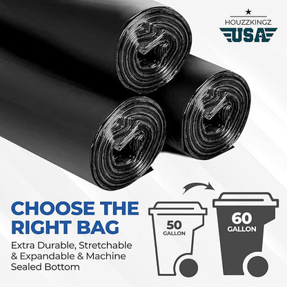 55 Gallon Large Trash Bags 20 Black Contractor Garbage Bags | Heavy Duty Lawn