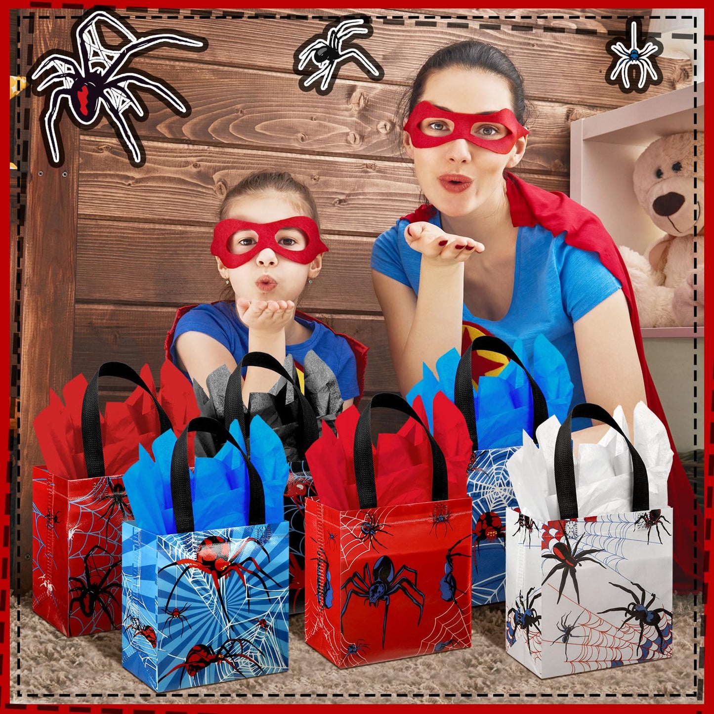 GliCraft 24 Pcs Spider Gift Bags with Tissue Paper Reusable Spider Party Favors Bags with Handle Spider Birthday Party Decorations Double Sided Spider Printed Goodie Candy Bags for Spider Party Favor