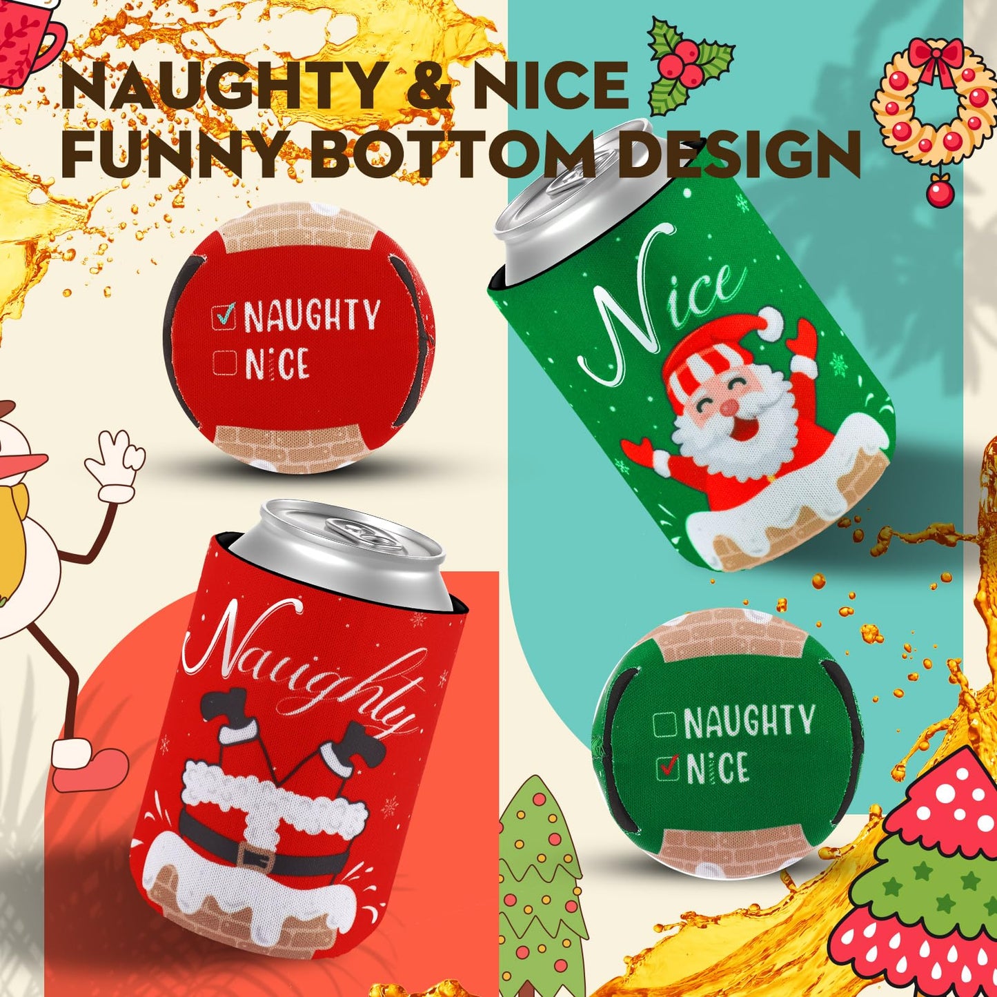 Remerry 24 Pcs Christmas Naughty or Nice Can Cooler Sleeves 12 oz Xmas Neoprene Can Sleeves Santa Pattern Cooler for Beverages Drinking Bottle Christmas Party Favor Decorations