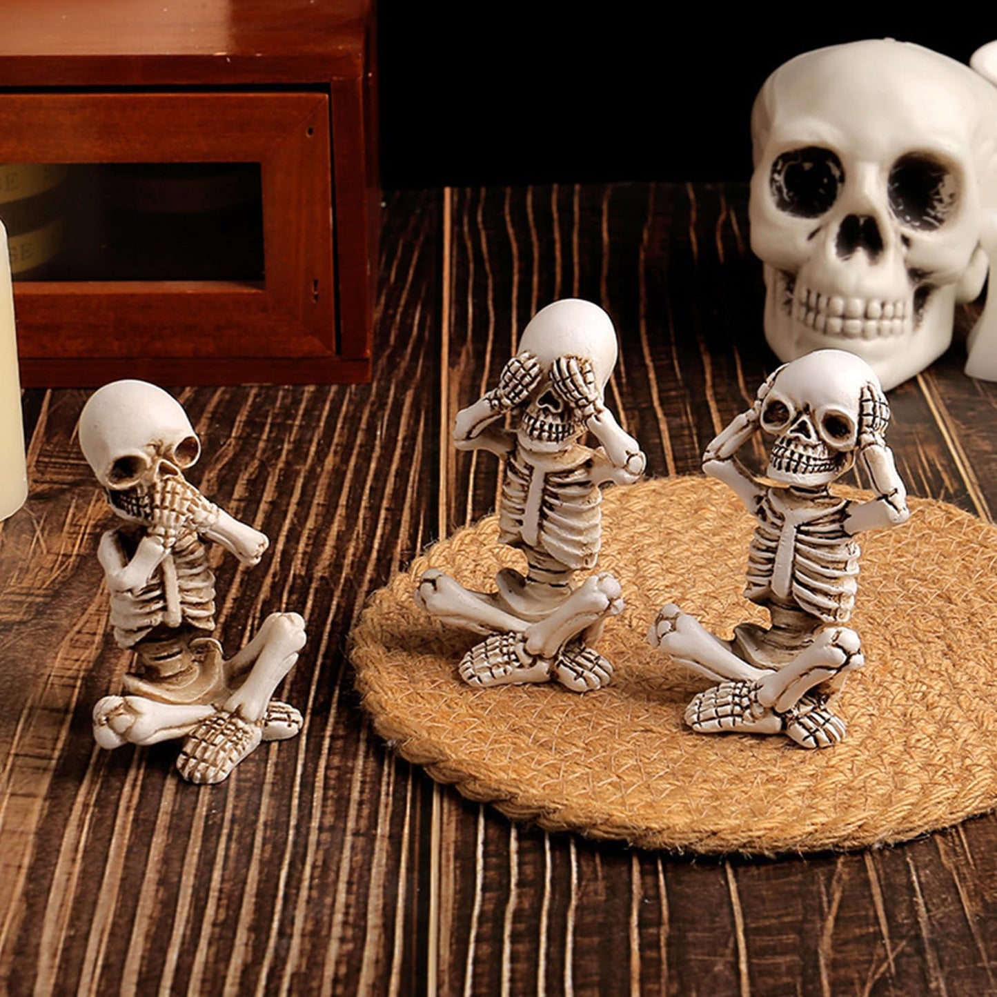 EMINGSKY 3 Pcs Halloween Skull Figurine Hear See Speak No Evil Baby Skeleton Figurine 4.8 Inch Resin Home Decor for Cemetery Desk Bookshelf Office