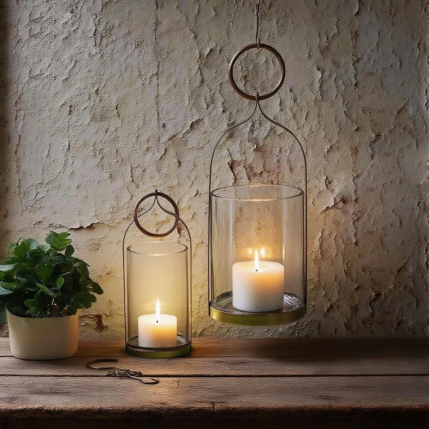 6" Wide Handmade Sturdy Glass Cylinder Jar with Metal Stand in Antique Brass, Display Glass Container for Candles and Plants, Hurricane Lantern, Candle Holder, Industrial, Farmhouse, Outdoor