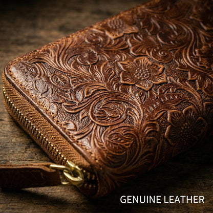 RMAWRAD genuine leather long bi-fold wallet/card holder, unisex, made of embossed buffalo leather, with card slots and a coin purse, brown.