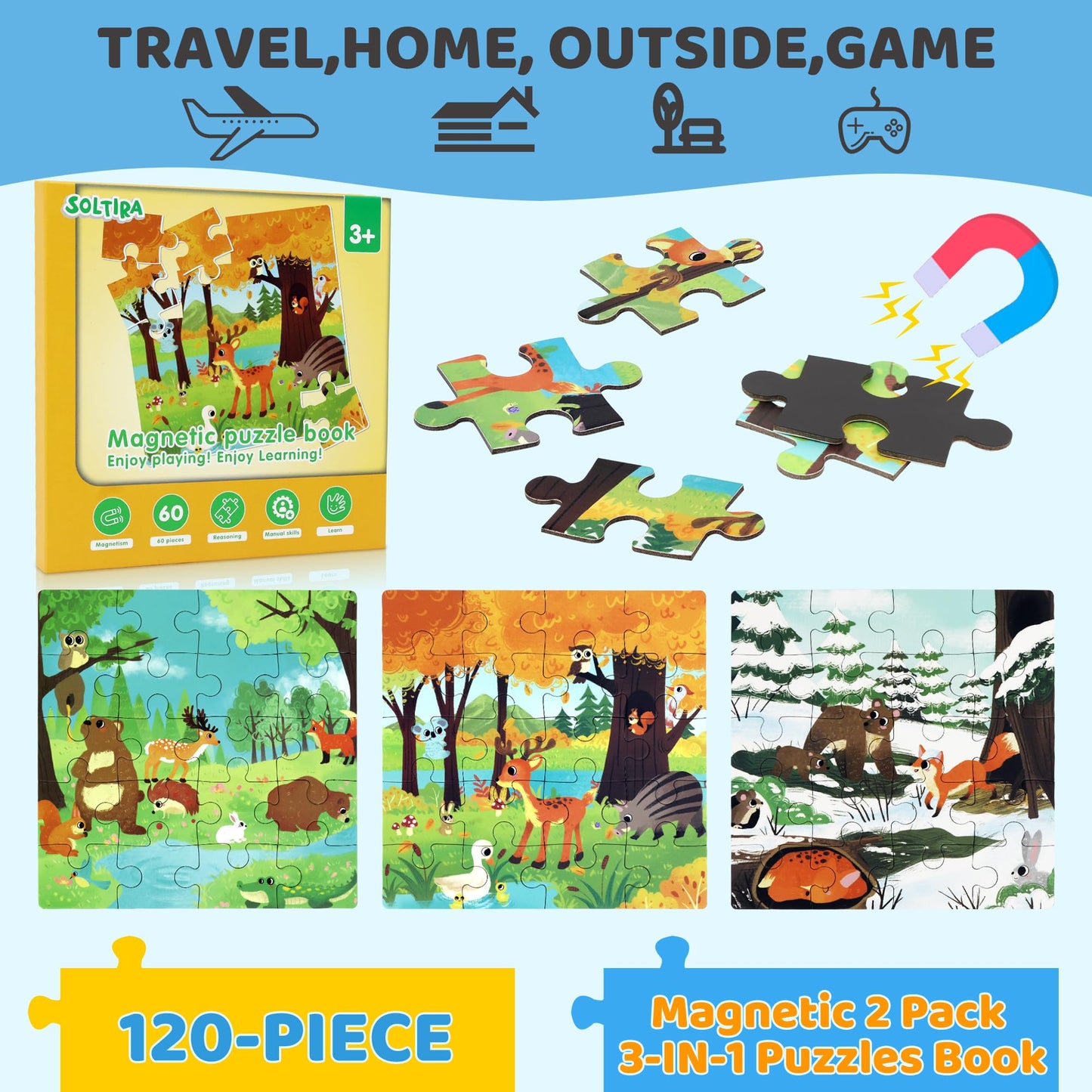 Magnetic Puzzle for Toddlers 3-5 2PK-120PCS-6 Animal Themes Puzzles for Kids 4-6 Travel Puzzle for Airplane/Car/Road Trip/Gift Toys for 3-8 Girls and Boys