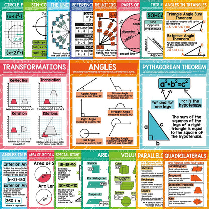 18Pcs Geometry Math Posters Angles Triangles Trigonometry Charts Educational Mathematics Poster for Middle High School Math Classroom Decor Hallway Bulletin Board Study Room Learning Supplies 14x11In