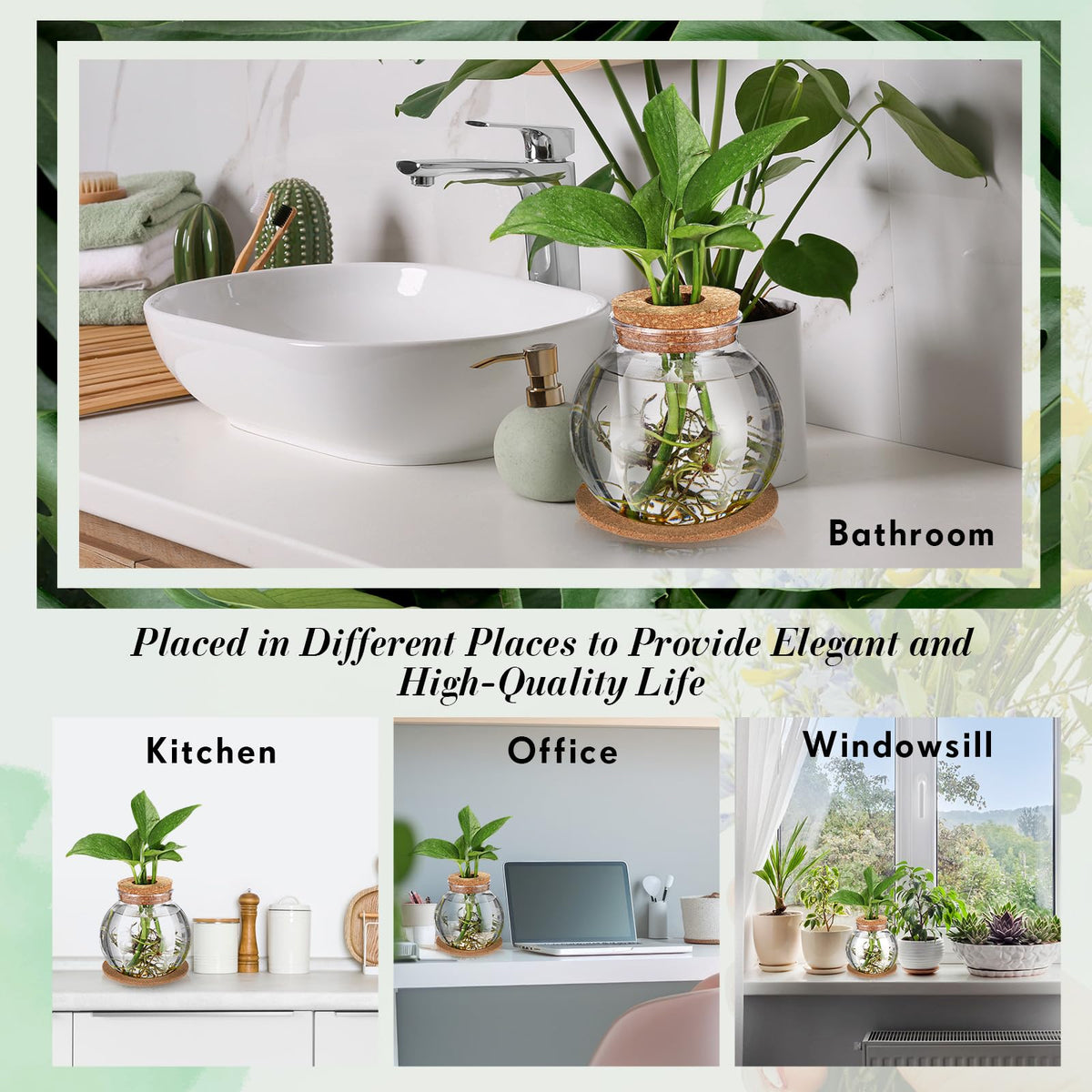 Baderke 2 Packs Propagation Vases for Plants Plastic Plant Propagation Station with Hole Lid and Cork Coasters Plant Growing in Water Hydroponic Home Office Table Decoration(Fish Bowl Style)