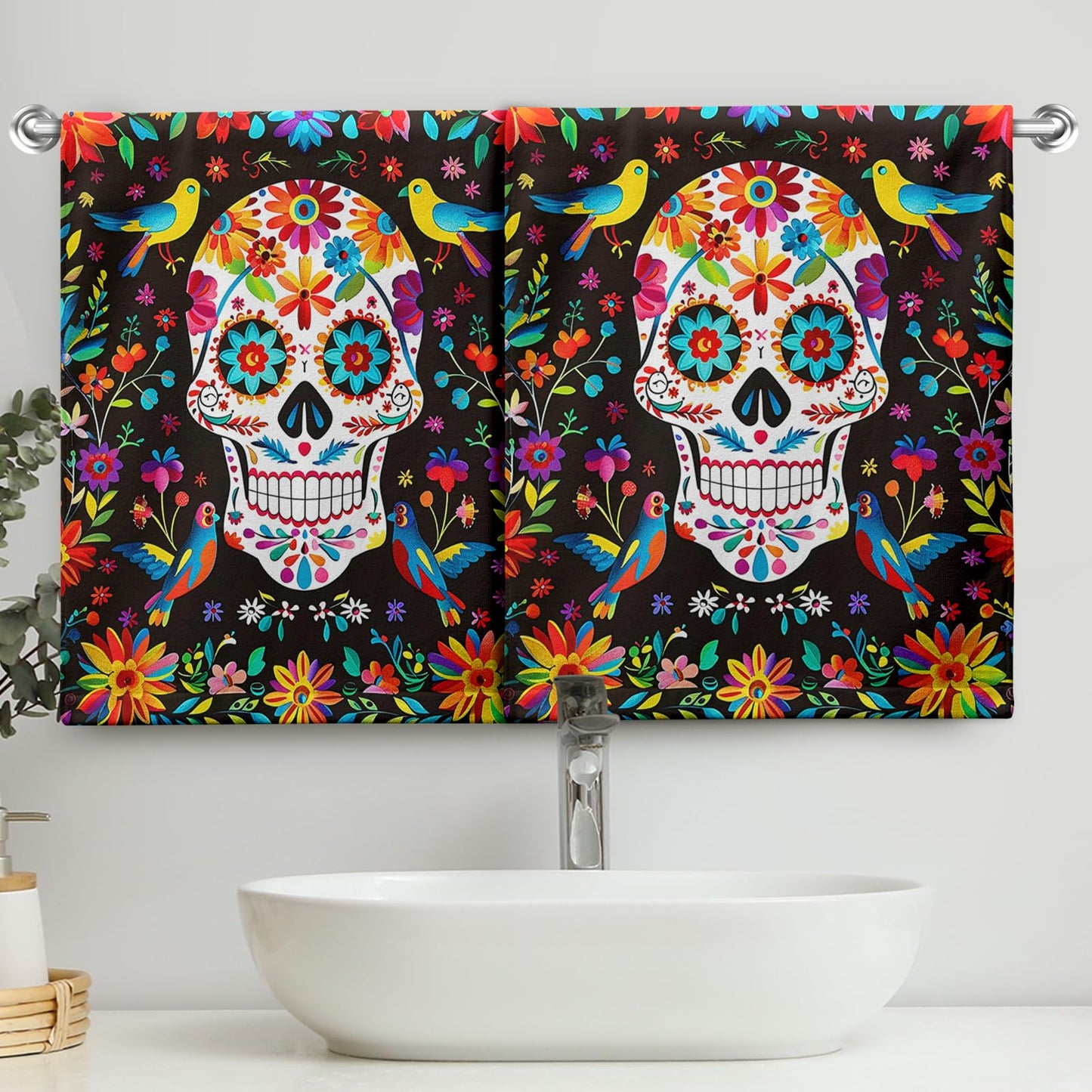 Cneztholim Day of The Dead Hand Towels Mexican Skull Kitchen Dish Towel Halloween Skeleton Floral Bathroom Towels Soft Absorbent Towel Set with Birds for Home Decor