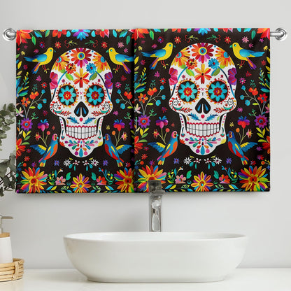 Cneztholim Day of The Dead Hand Towels Mexican Skull Kitchen Dish Towel Halloween Skeleton Floral Bathroom Towels Soft Absorbent Towel Set with Birds for Home Decor