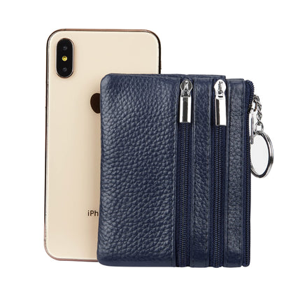 Women's Genuine Leather Coin Purse Mini Pouch Change Wallet with Keychain, navyblue