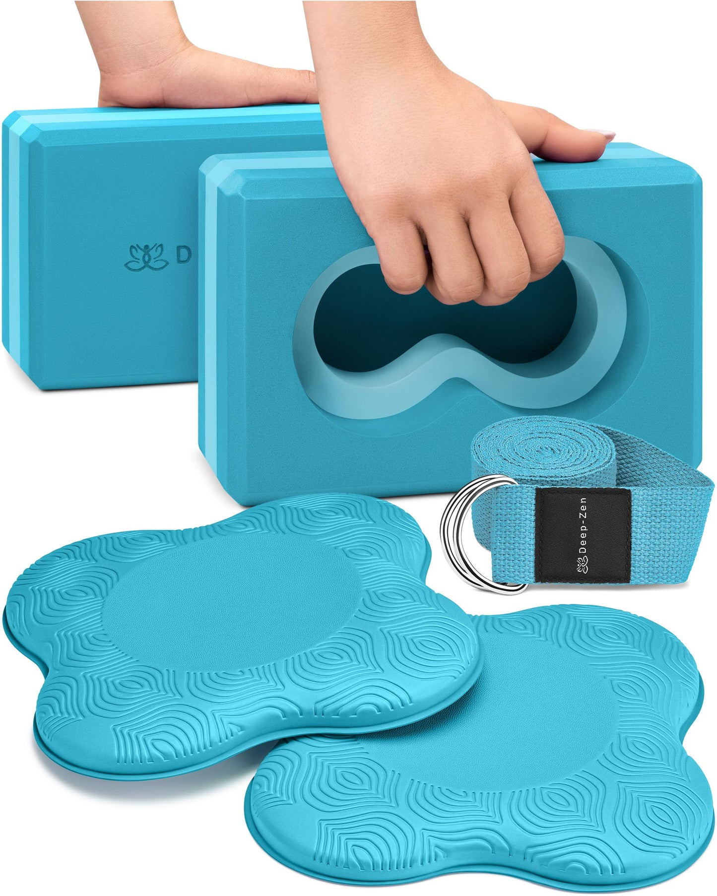 Deep-Zen® Yoga Blocks Wrist Support; Yoga Blocks 2 Pack with Knee Pads and Strap to Put Less Weight on Wrists; Durable, Versatile Yoga Brick Exercise Block Set, Blocks Yoga