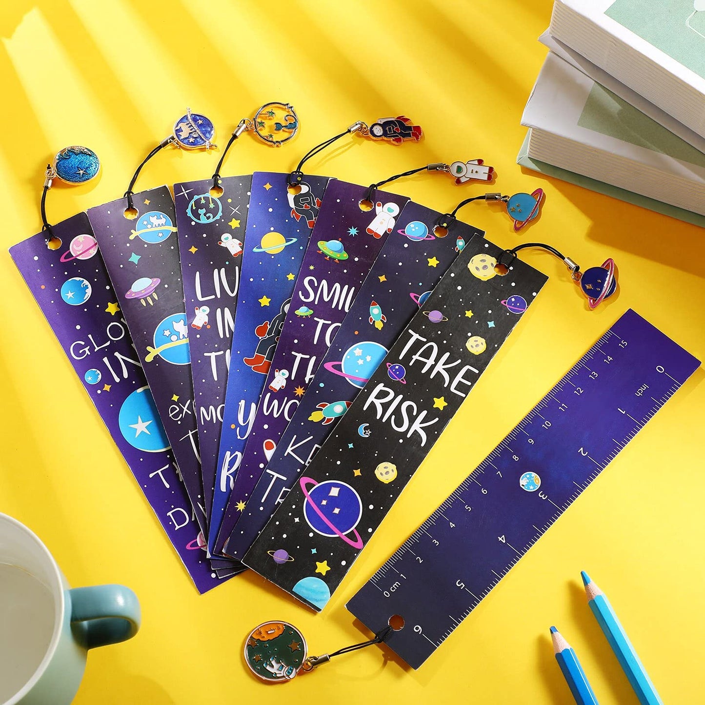 Zonon 40 Pcs Bulk Space Bookmarks for Kids Outer Space Party Favors Astronaut Planet Rocket Galaxy Theme Birthday Party Favors Inspirational Bookmarks with Charms for Boys Girls Student Reward Gift
