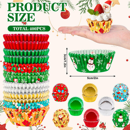Whaline 400Pcs Christmas Cupcake Liners Xmas Snowflake Snowman Santa Foil Paper Baking Cups Standard Muffin Cupcake Wrappers for Winter Holiday Party Cake Candy Chocolate Making Supplies Table Decor