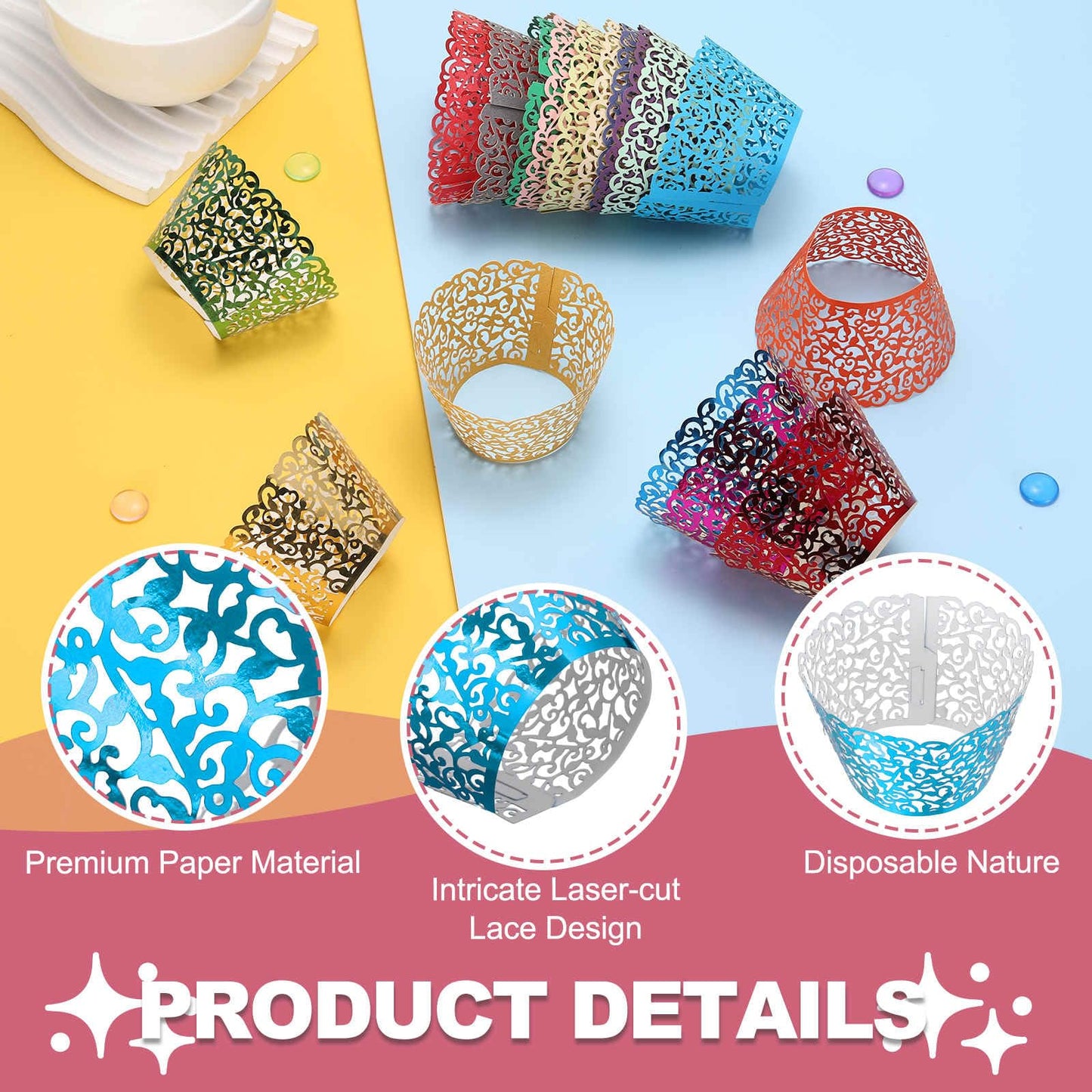 HARFINGTON 50 Pcs Lace Cupcake Liners Standard Vine Designed Hollow Out Cupcake Wraps Artistic Bake Cake Paper Cups for Anniversary Birthday Weddings Parties, Reflective Blue