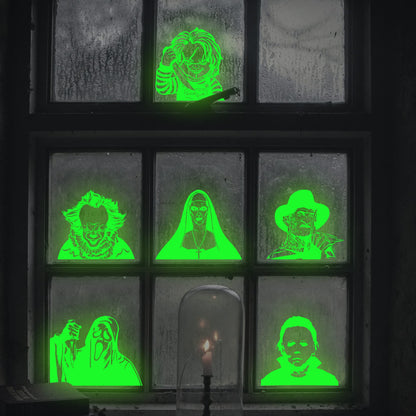 Eartim Halloween Glow In Dark Window Clings - 6Pcs Scary Classic Movie Characters Glowing Decals Seamless Green Luminous Stickers for Halloween Party Decoration Haunted House Window Glass Mirror Decor