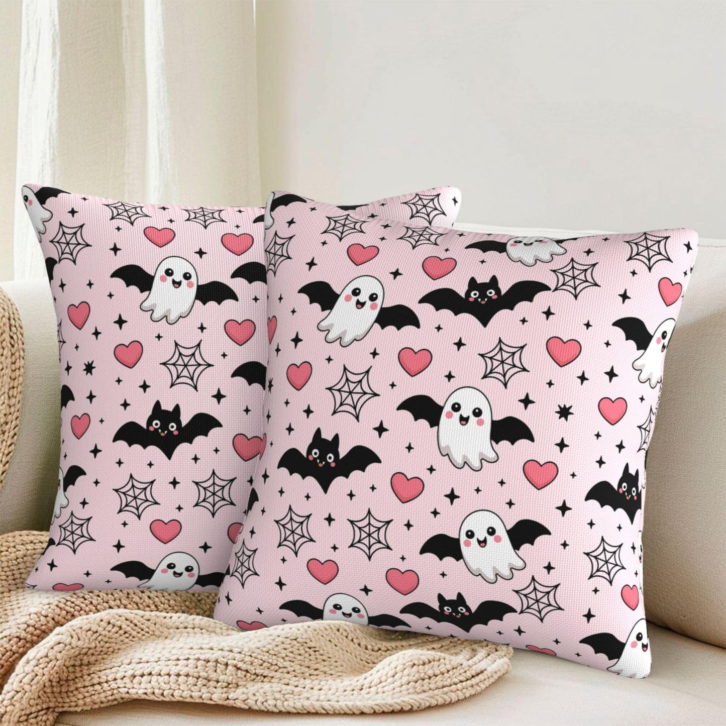 Halloween Pink Cute Ghost Bats Heart Decorative Pillow Covers 18x18 Inch Set of 2 Rustic Boho Flower Outdoor Throw Pillows Neutral Farmhouse Decoration Cushion Cases for Sofa Couch Bed Decor