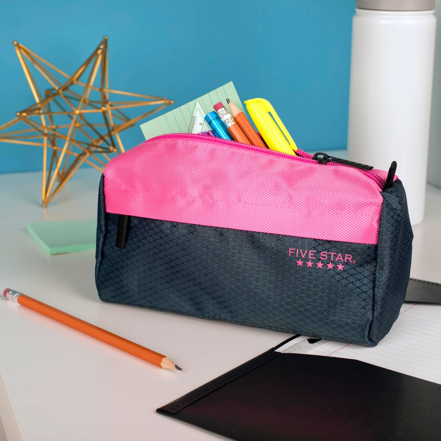 Five Star Pencil Pouch, Pen Case, 9-Pocket Zipper Pouch, Storage Organizer for School Supplies Earbuds Chargers Cables Makeup, Navy/Pink (505600B-ECM)