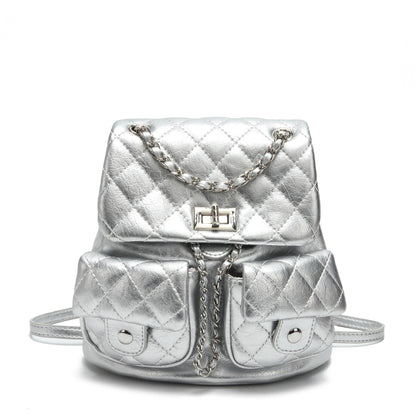 COC.EFRENAR Quilted Mini Backpack for Women, Chain Strap Small Purse with Flap Closure, Fashion Shoulder Bag Cute Travel Daypack(Silver)