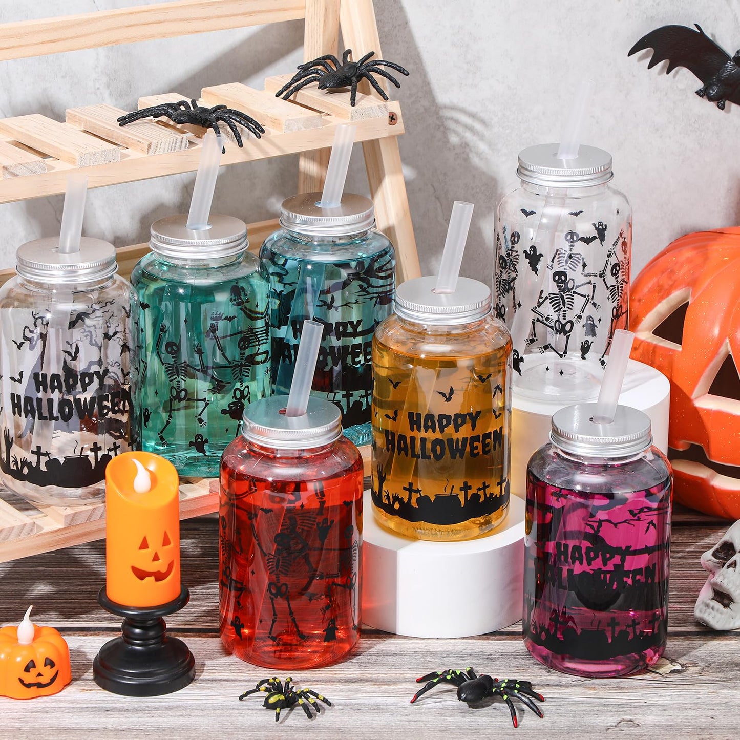 Yetene 20 Pack Halloween Skeleton Cups Reusable Skull Cup Gifts 16 oz Printed Cemetery Cup with Lids Straws Halloween Happy Plastic Tumbler Clear Drinking Jars for Party Favor Birthday Celebration