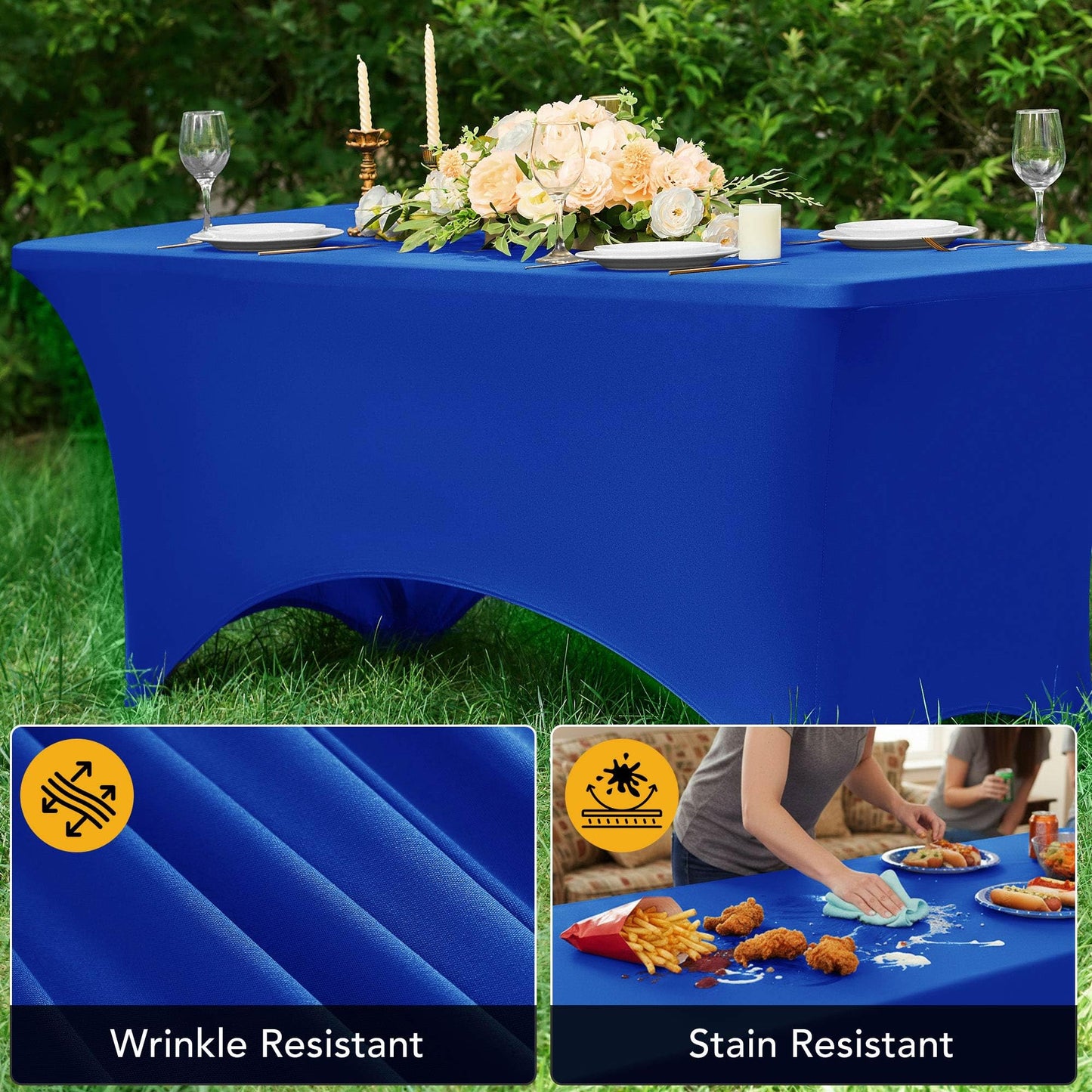 Dailyset 6-Pack Premium Royal Blue Spandex Tablecloths for 6ft Rectangle Tables, Stain & Wrinkle-Resistant, Washable Stretch Polyester Fitted Table Cover for Weddings, Banquets, Events, Parties