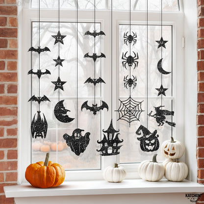 KatchOn, Glitter Black Halloween Garland - Huge, Pack of 10 | Halloween Party Decor Garland with Ghost, Witch, Skull, Raven, Pumpkin & Tree Cutouts | Spooky Party Hanging Decoration