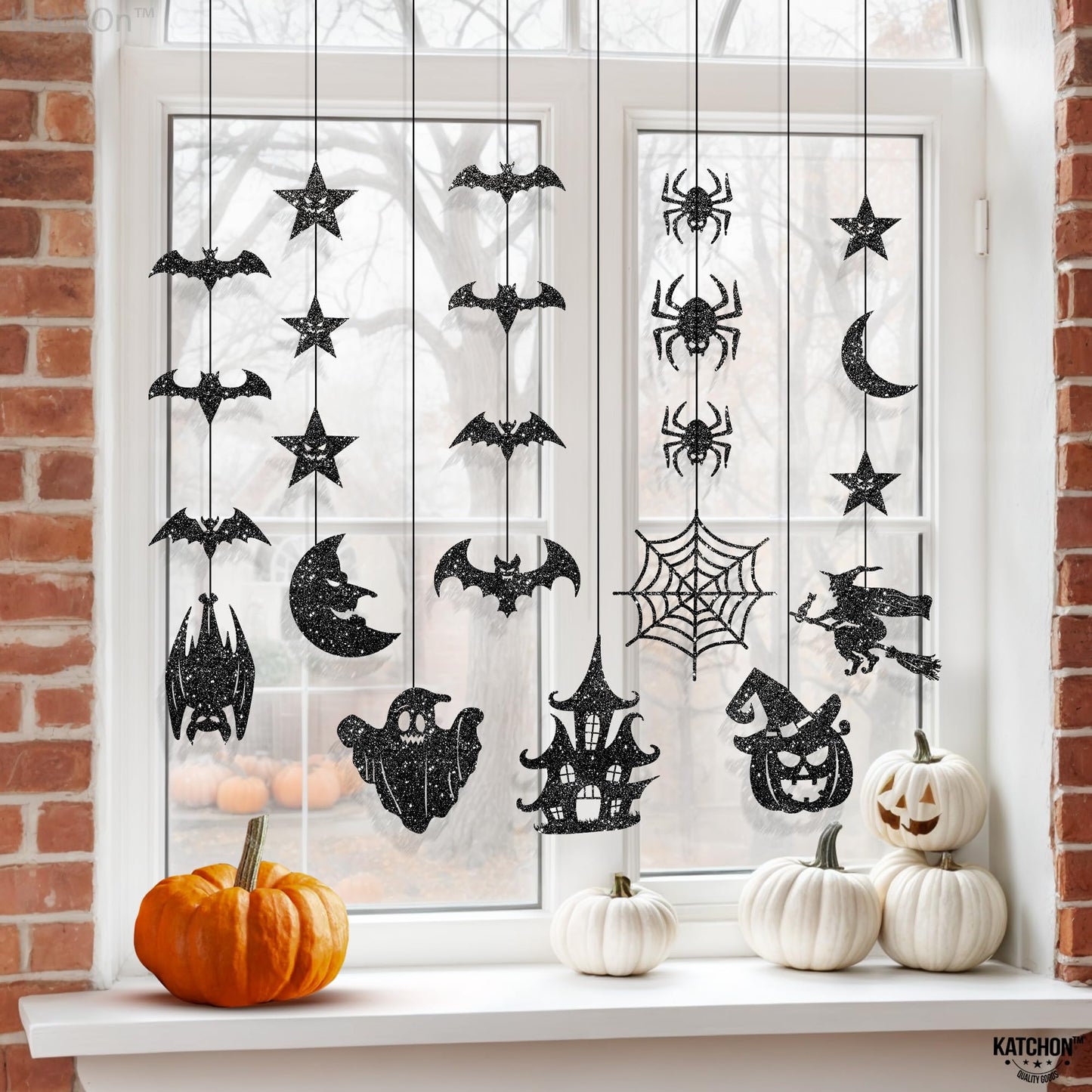 KatchOn, Glitter Black Halloween Garland - Huge, Pack of 10 | Halloween Party Decor Garland with Ghost, Witch, Skull, Raven, Pumpkin & Tree Cutouts | Spooky Party Hanging Decoration