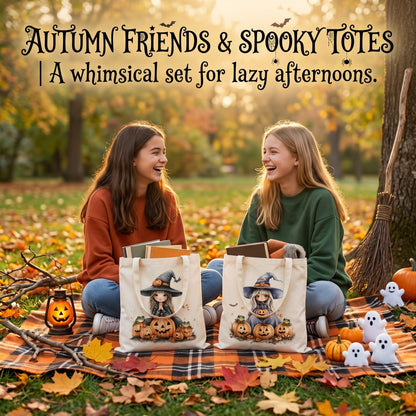 Fall Halloween Tote Bags 2Pcs, Cotton Blend Canvas Tote with Pumpkin Ghost Witch Prints, Reusable Shoulder Bags for Thanksgiving Party Trick or Treat Gift (witch&pumpkin)