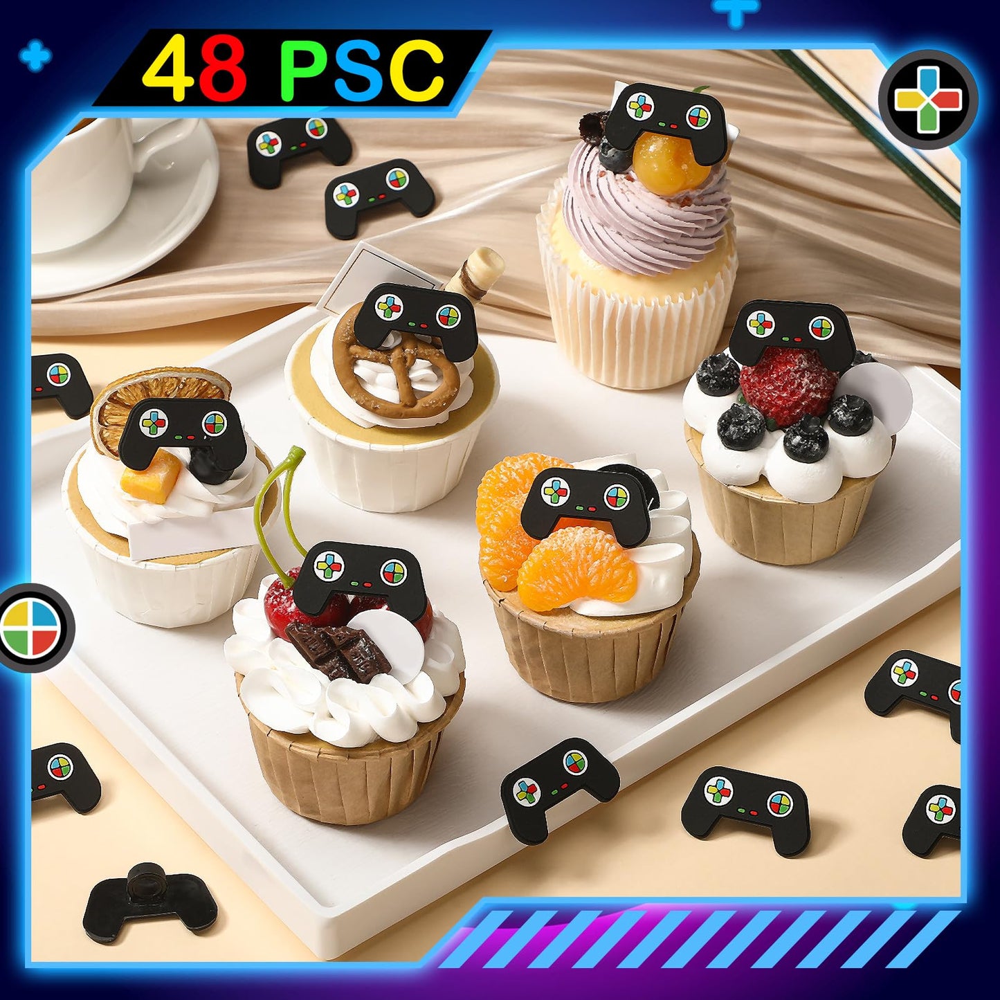 Chunful 48 Pcs Video Game Cupcake Rings Toppers Decoration Cake Game Party Decoration Cupcake Picks for Birthday Anniversary Wedding Engagement Party Supplies