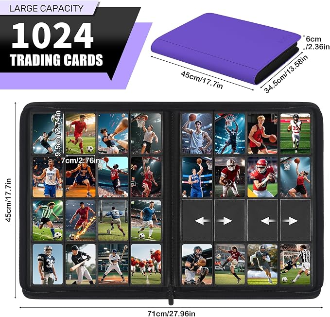 1000+ Pockets Trading Card Binder, 16 Pockets Zipper Binder Card Album, 32 Pack Double-sided Side Loading Non-Ring Card Binder, Card Holder Folders for MTG, TCG, Game Cards & Sports Cards, Purple