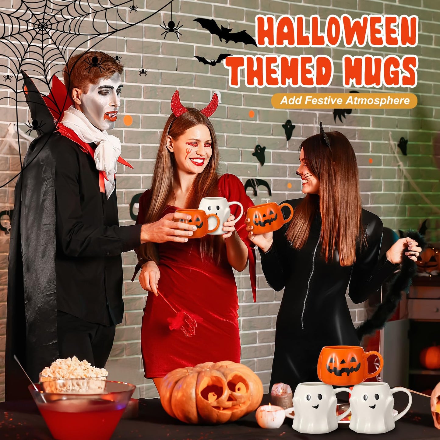 Didaey 4 Pcs 14oz Halloween Pumpkin Mug Ghost Coffee Mug Cute Pumpkin Coffee Cup Halloween Ceramic Cups for Home Decorations