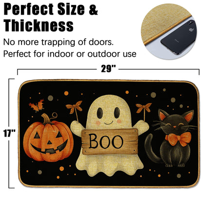 Doormat Halloween Ghost Boo Front Door Mat Indoor Outdoor Entrance,Black Cat Pumpkin Door Mat Waterproof Low Profile All-Season,Easy Clean Patio Porch Entryway Floor Rug 17x29 Inch