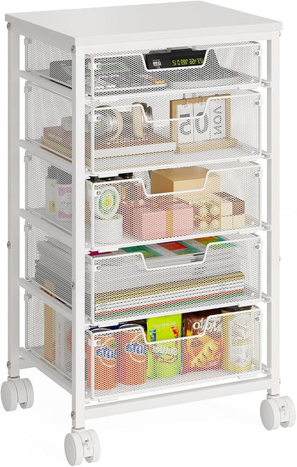 Sbanmao 5 Drawers Rolling Utility Cart, Storage Drawer Cart with Wooden Top, Rolling Storage Cart on Lockable Wheels, Metal Utility Cart & Craft Storage Cart for Bedroom, Classroom, Office, White
