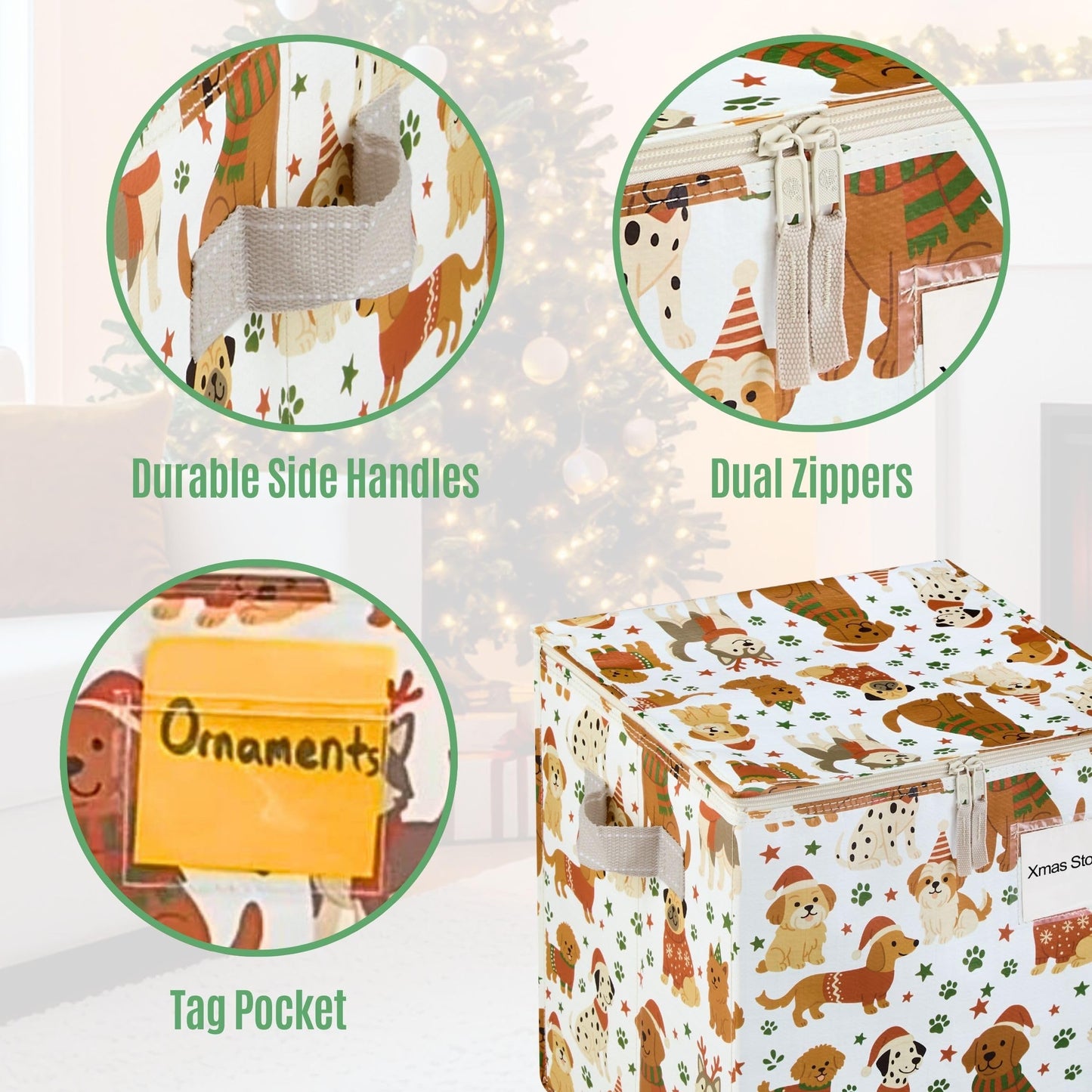 VENO 2 Pack Christmas Ornament Storage Box, Holiday Ornament Organizer with Adjustable Dividers, Sturdy Storage Containers for 64 Ornaments, Zippered Lid & Handles, 3" Cube (Holiday Pups)