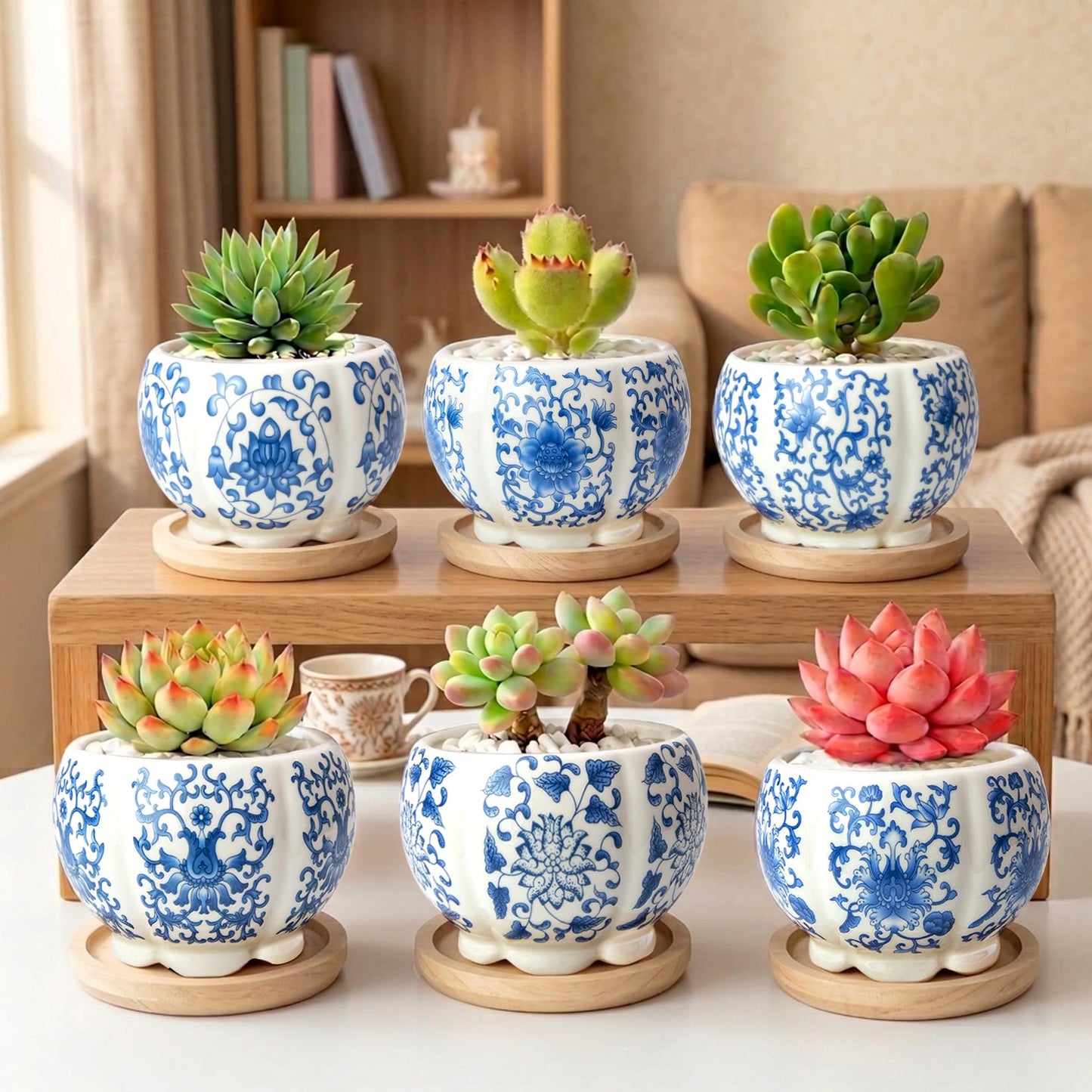 celamos Succulent Pots 6 Pack, Small Flower Pots with Drainage Bamboo Tray, 3.1 Inch Succulent Pots for Indoor Plants, Cactus Pots and Planters, Decorative Small Pots for Home Office