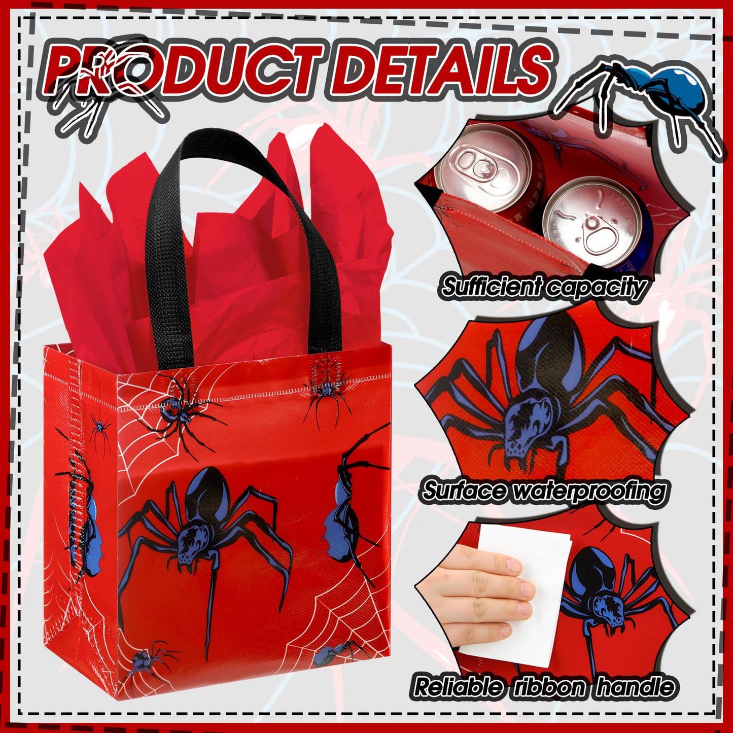 GliCraft 24 Pcs Spider Gift Bags with Tissue Paper Reusable Spider Party Favors Bags with Handle Spider Birthday Party Decorations Double Sided Spider Printed Goodie Candy Bags for Spider Party Favor