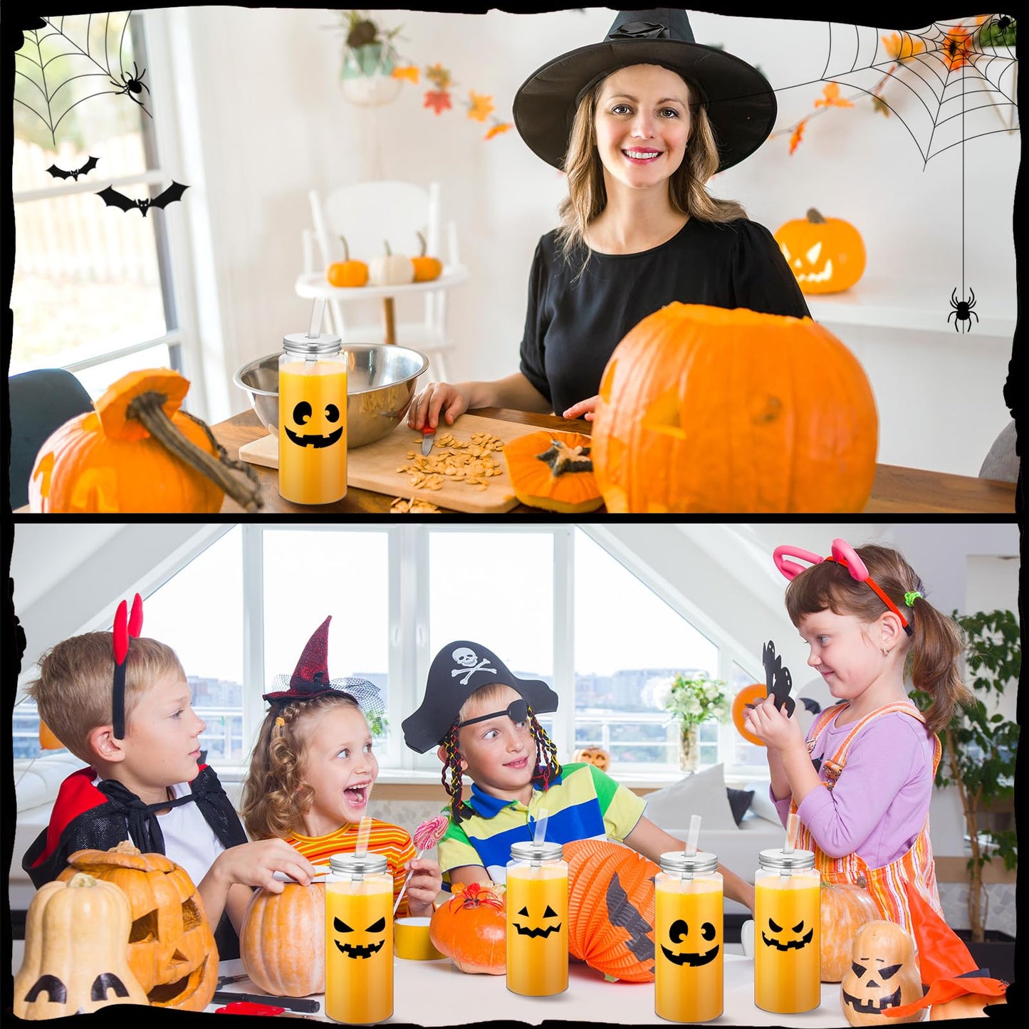 Potchen 24 Pcs Halloween Plastic Cups with Lids and Straws Reusable 13.5 oz Pumpkin Face Jack O Lantern Cups Beverage Drinking Plastic Tumbler Bulk for Halloween Trick or Treat Party Favor Supplies