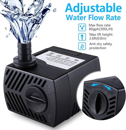 CWKJ Fountain Pump, 80GPH(4W 300L/H) Submersible Water Pump, Durable Outdoor Fountain Water Pump with 7.2ft（2.2m） Power Cord, 3 Nozzles for Aquarium, Pond, Fish Tank, Water Pump Hydroponics, Fountain