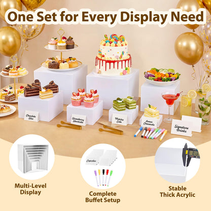 10 Pcs Buffet Risers with Mini Sign and Maker Serving Tongs Cake Cutter, White Acrylic Food Display Stands for Buffet Table Party Catering Dessert Nesting Cube Boxes with Hollow Bottoms (10",9",8",7",6",5",5",4",4",3")