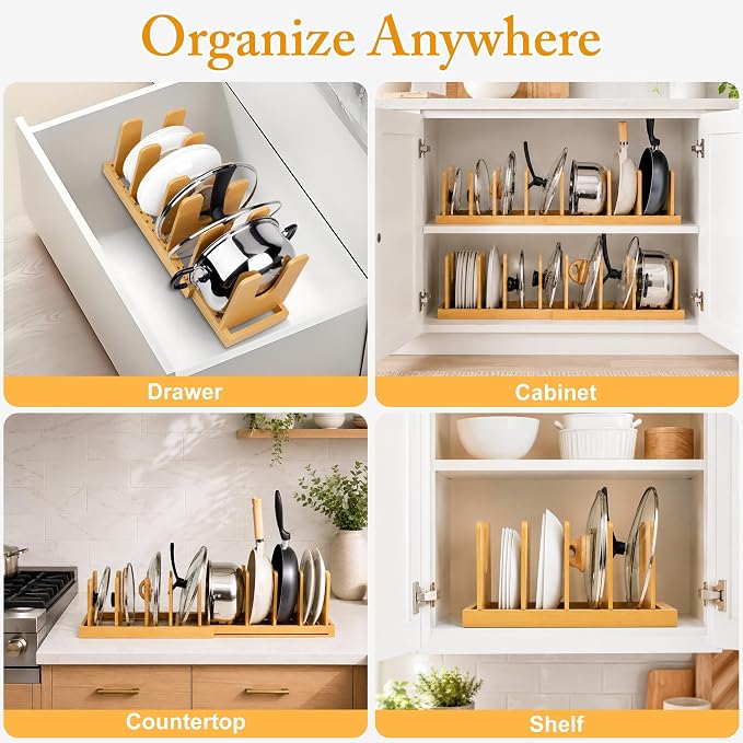MinBoo Bamboo Expandable Pot Lid Organizer, Pot and Pan Organizer Drawer Organizer for Pot Lids, Adjustable 10 U-Shaped Dividers for Kitchen Cabinet Organizers and Storage (Bamboo-1)