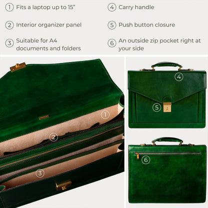 Time Resistance Leather Briefcase for Men - Business Laptop Bag - Italian Handmade Leather Bag - Attache - Gift Box Included (Green)